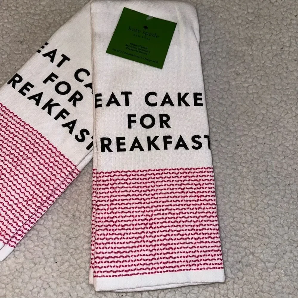 Kate Spade Pink White Eat Cake For Breakfast Kitchen Towels NWT